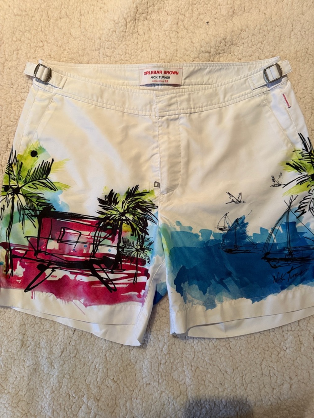 Orlebar Brown White Swim Shorts with Tropical Watercolor Print Nick Turner 32